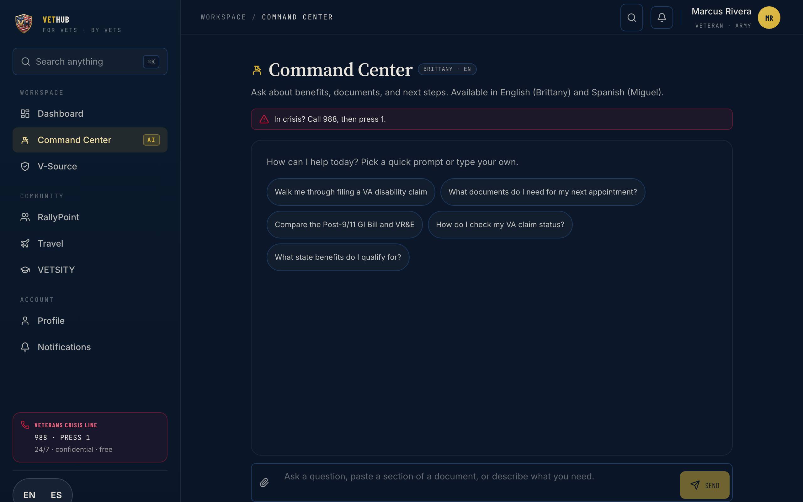 Vet Hub Command Center: the AI assistant with suggested prompts and the Veterans Crisis Line banner.