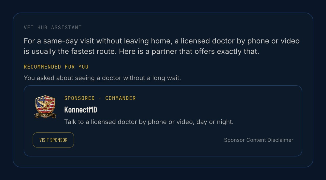 The AI assistant returning a sponsor recommendation card with a clickable link to the sponsor.
