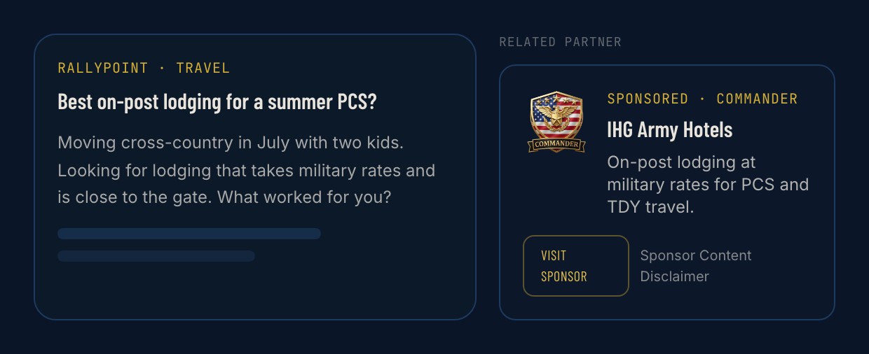 A RallyPoint community thread with a topic-matched sponsor card in the sidebar.