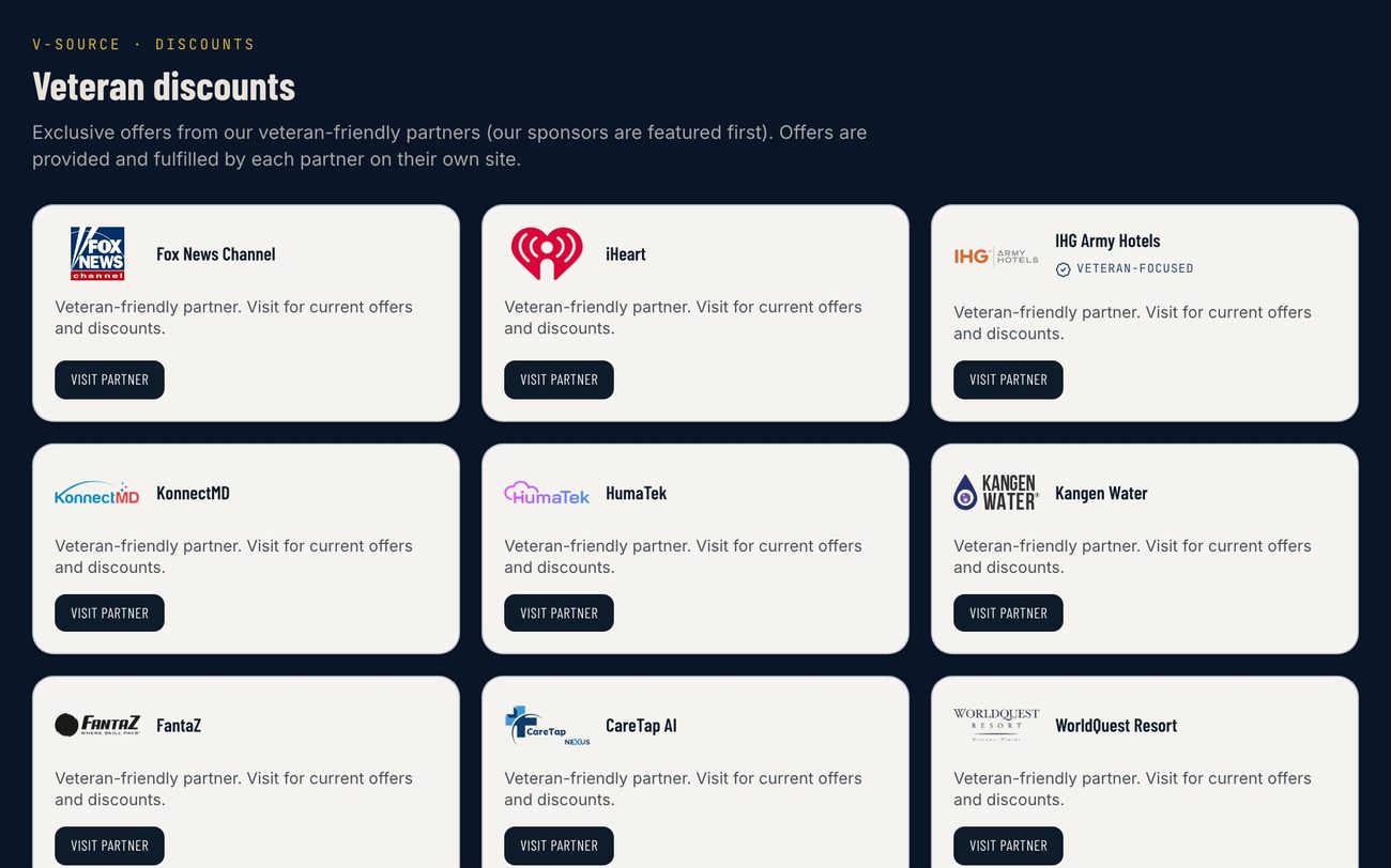 The V-Source Discounts directory, with sponsor offers listed first.
